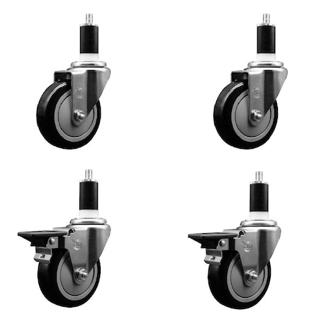 Service Caster 4'' Black Poly Wheel Swivel 1-3/8'' Expanding Stem Caster Set 2 Brakes, 4PK SCC-EX20S414-PPUB-BLK-2-PLB-2-138